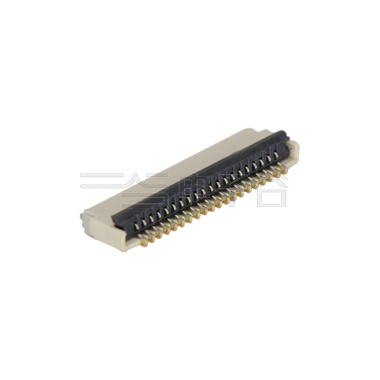Pitch 0.50mm 90°H1.00mm 卧贴双面接后掀盖 SMT型 FPC 20pin 本色 镀半金接触点及焊接脚点1u，镍底35-60u.